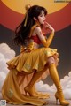 A woman in a yellow dress and thigh high boots.