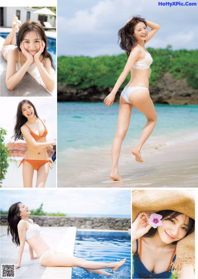 A collage of photos of a woman in a bikini and hat.