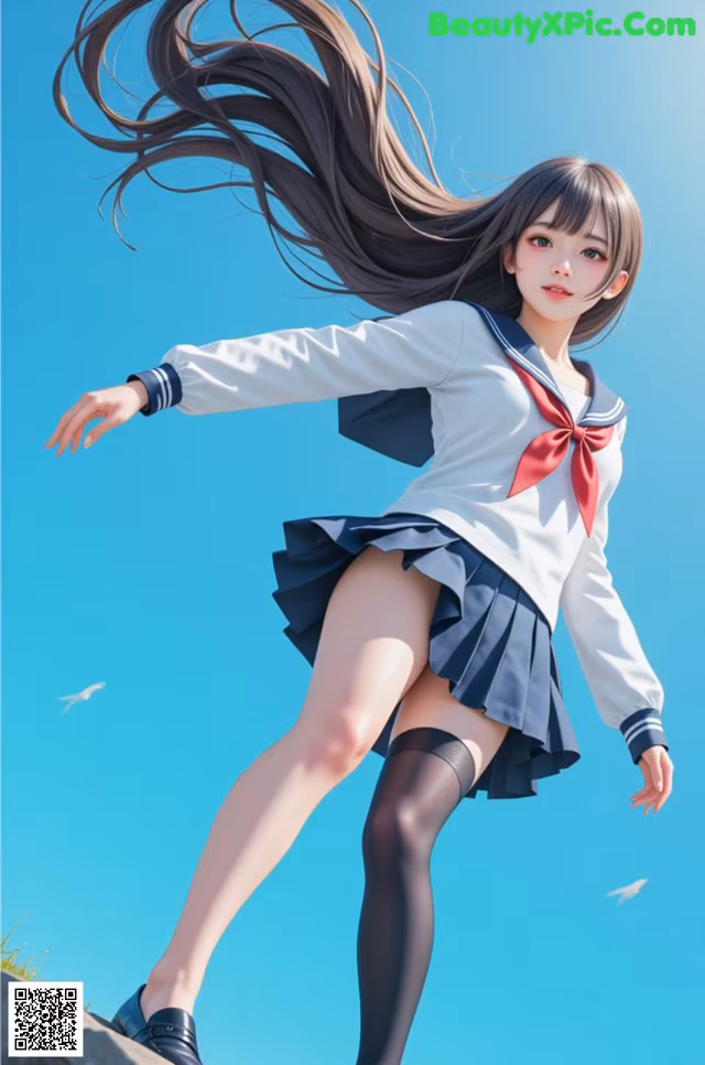 A girl in a school uniform is standing on a rock.