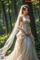 A woman in a wedding dress standing in the woods.