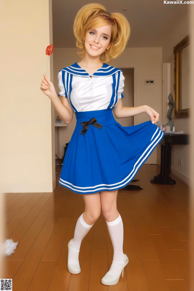 A woman in a blue and white dress holding a red rose.