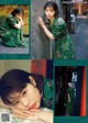 A collage of photos of a woman in a green dress.