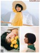 A collage of photos of a woman in a yellow dress and a straw hat.